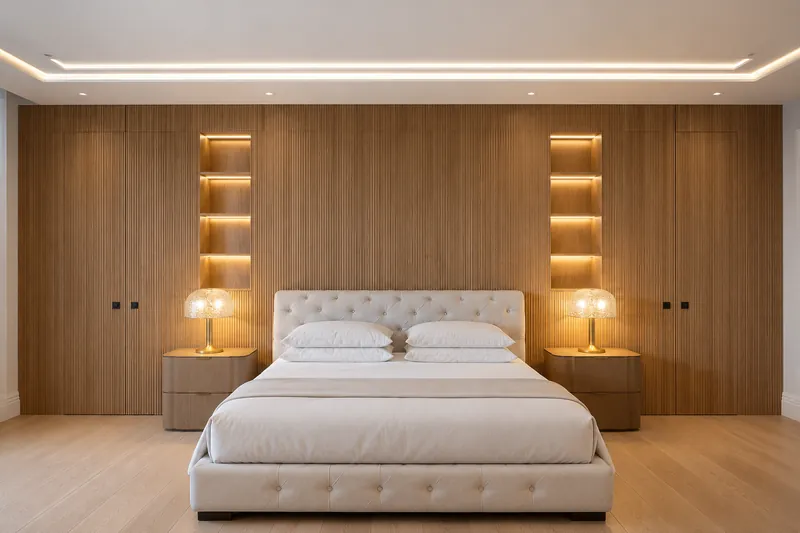 Bedroom with full-height oak fluted wall panelling, hidden wardrobe doors and lit niches