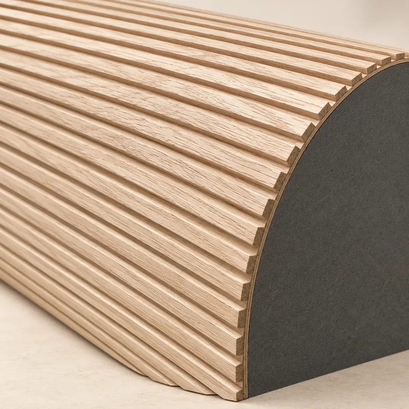 Radius oak fluted panel showing the curved edge and core