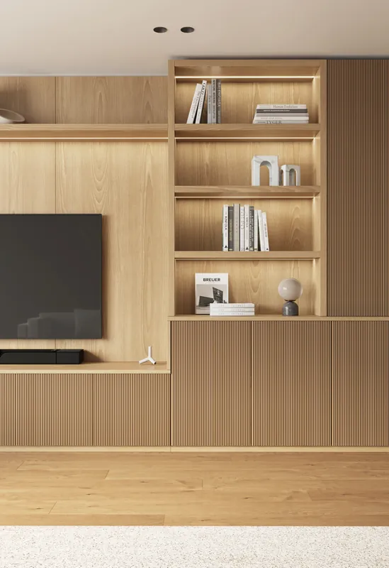 Oak fluted media unit with lit bookshelves