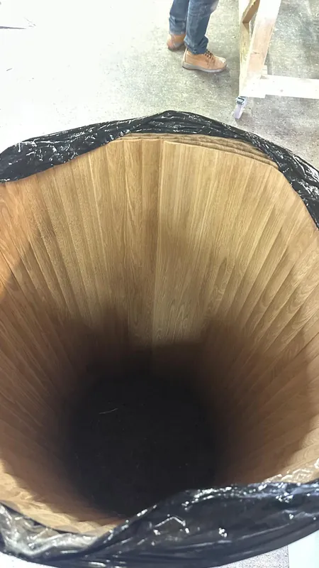 Inside view of a rolled fluted veneer cylinder
