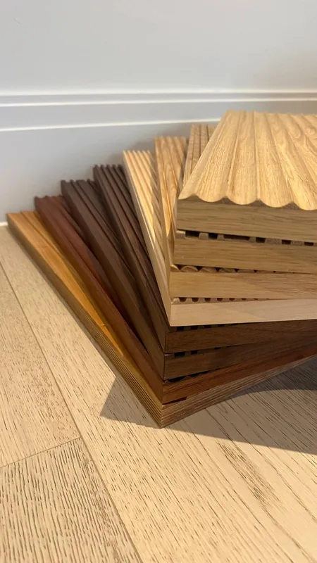 Stack of fluted and reeded timber samples with scalloped edge