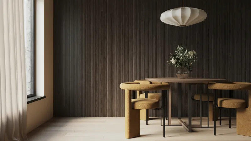 Dining room with dark walnut fluted wall panelling and pendant light