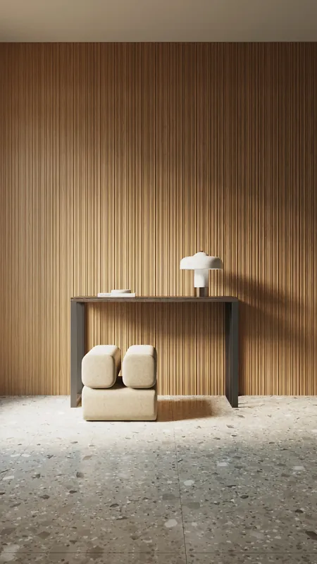 Tall fine-fluted oak wall with console table