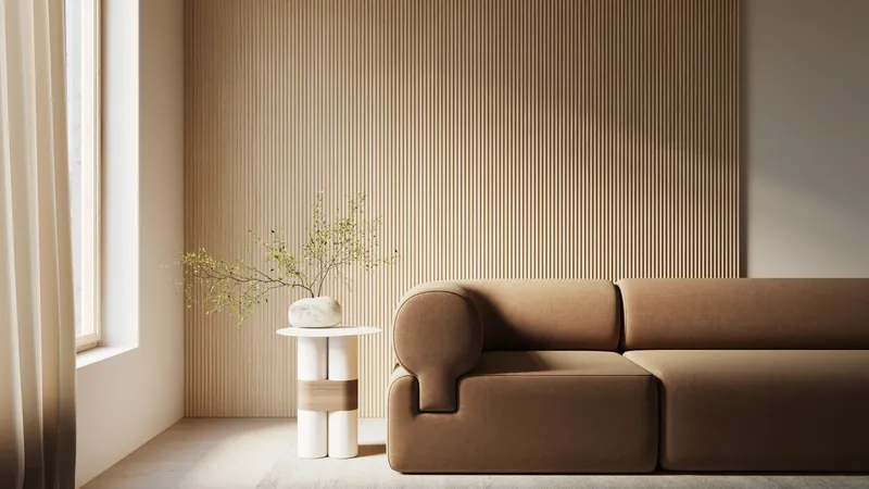 Living room with pale oak fluted wall and brown sofa
