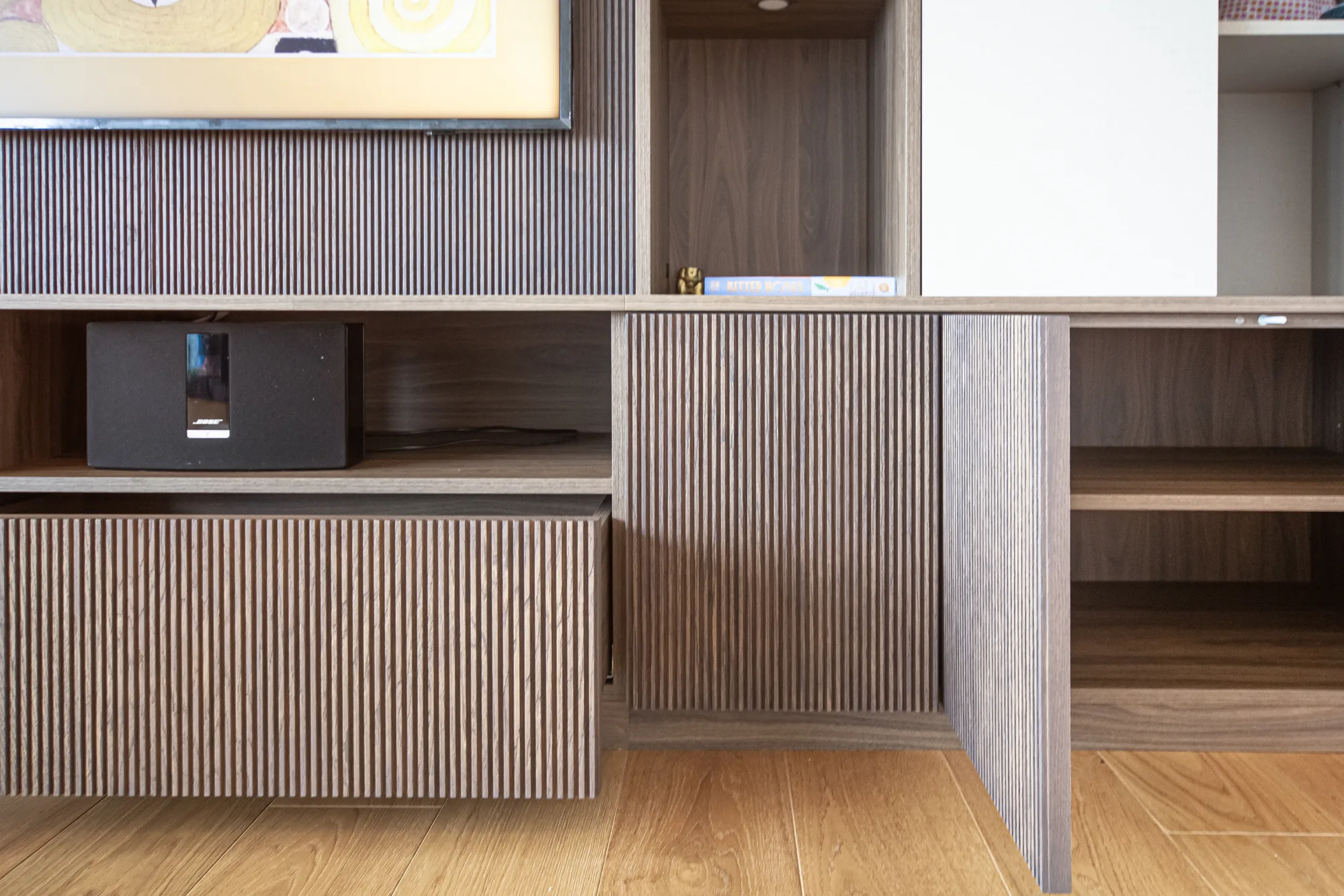 Close detail of fluted American walnut fitted joinery
